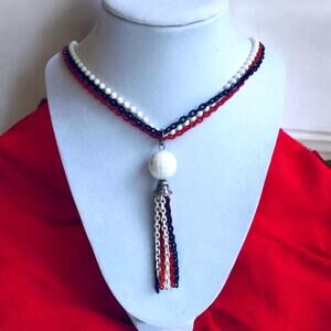 Vintage 70s Red White Blue Disco Ball Tassel Necklace 22"